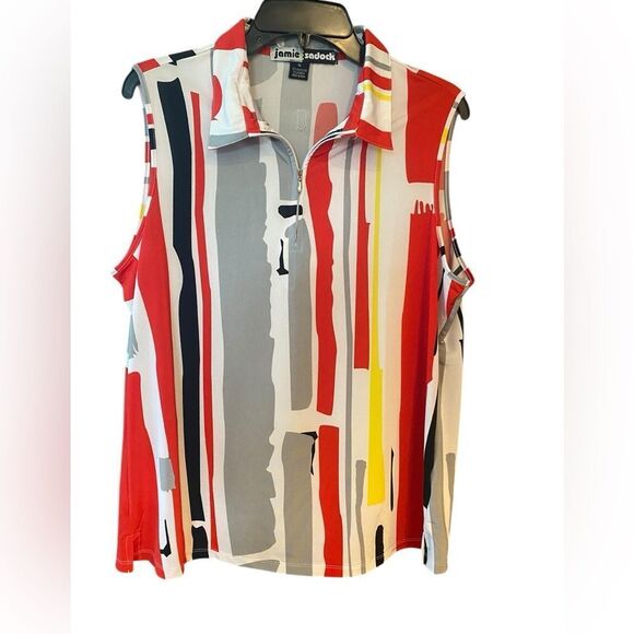Jamie Sadock Sz XL Vivid Red Yellow Striped Pickleball Golf Athletic Polo - Picture 1 of 7